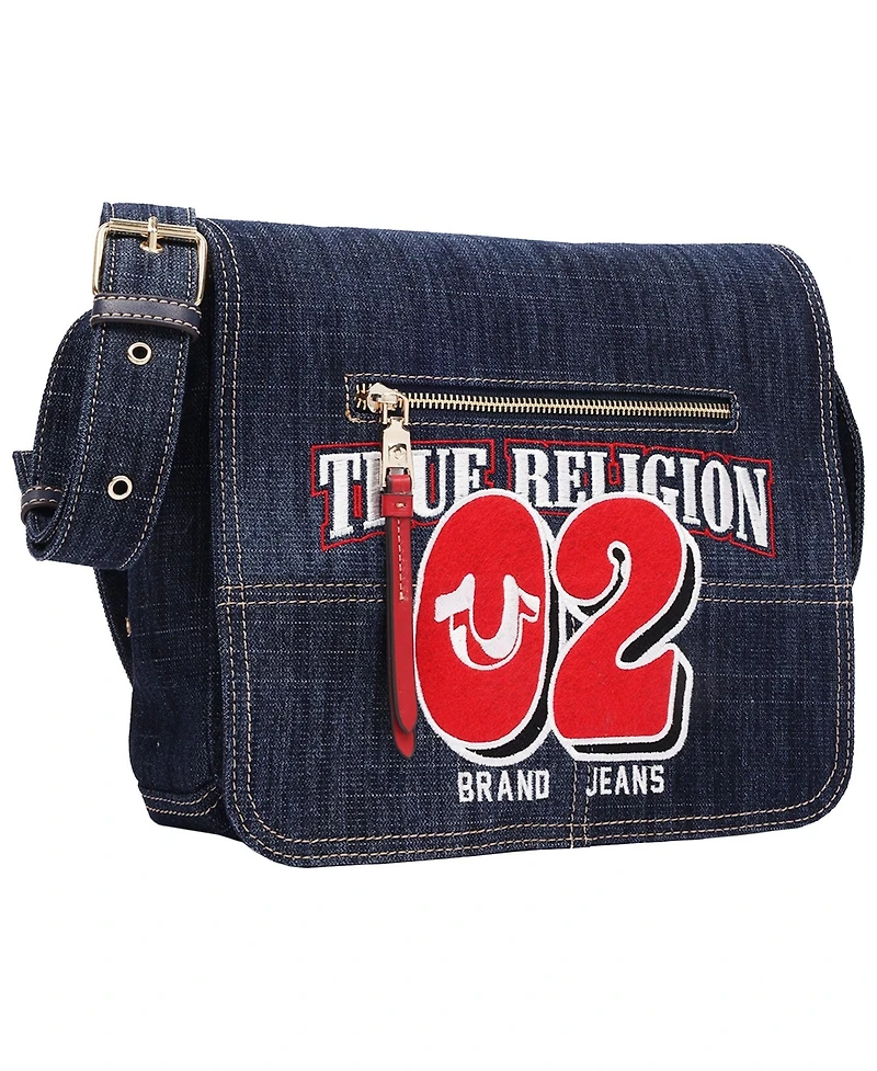 True Religion Women's Varsity Logo Zip Pocket Denim Messenger Bag – Dark Denim Crossbody Bag
