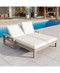 Asagikoiai Acacia Wood Patio Double Lounge Chair with Cushions, Adjustable Reclining Sunbed