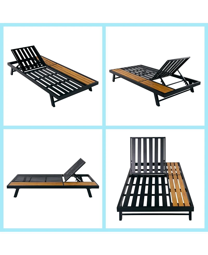 Asagikoiai Adjustable Acacia Wood Outdoor Chaise Lounge Chair with 4-Fold Cushion and Iron Frame