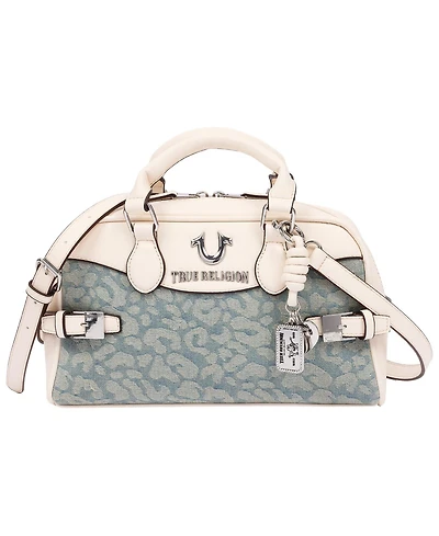 True Religion Brooks Leopard Denim Belted Satchel with Horseshoe Charm and Detachable Crossbody Strap