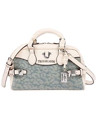 True Religion Brooks Leopard Denim Belted Satchel with Horseshoe Charm and Detachable Crossbody Strap