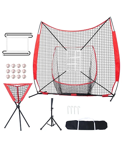 Sevorley 7x7 ft Baseball and Softball Practice Net Set with Tee, 12 Balls and Ball Caddy
