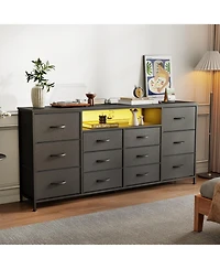 homfan Extra Long 63" Entertainment Center Tv Stand for 65-75 Inch TVs, 12 Drawer Fabric Dresser, Charging Station, Led Lights, Sturdy Metal Frame