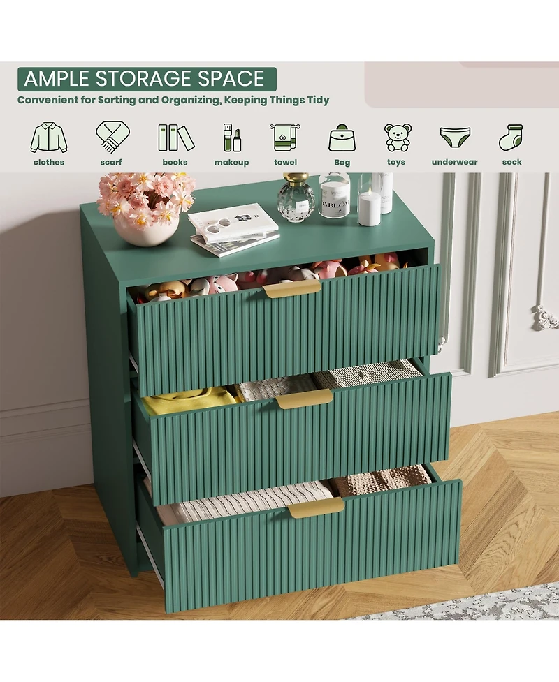 homfan 30" Tall 3 Drawer Fluted Chest with Metal Handles, Modern Multi-Function Organizer for Bedroom, Living Room, Entryway, Hallway