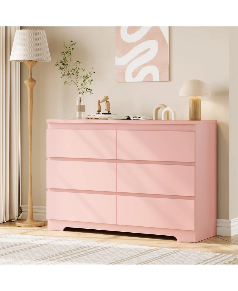 homfan Modern Wide Wooden 6 Drawer Double Dresser, Deep Storage Chest, Anti-Tip, Elegant Organizer for Bedroom, Girls, Nursery, Entryway