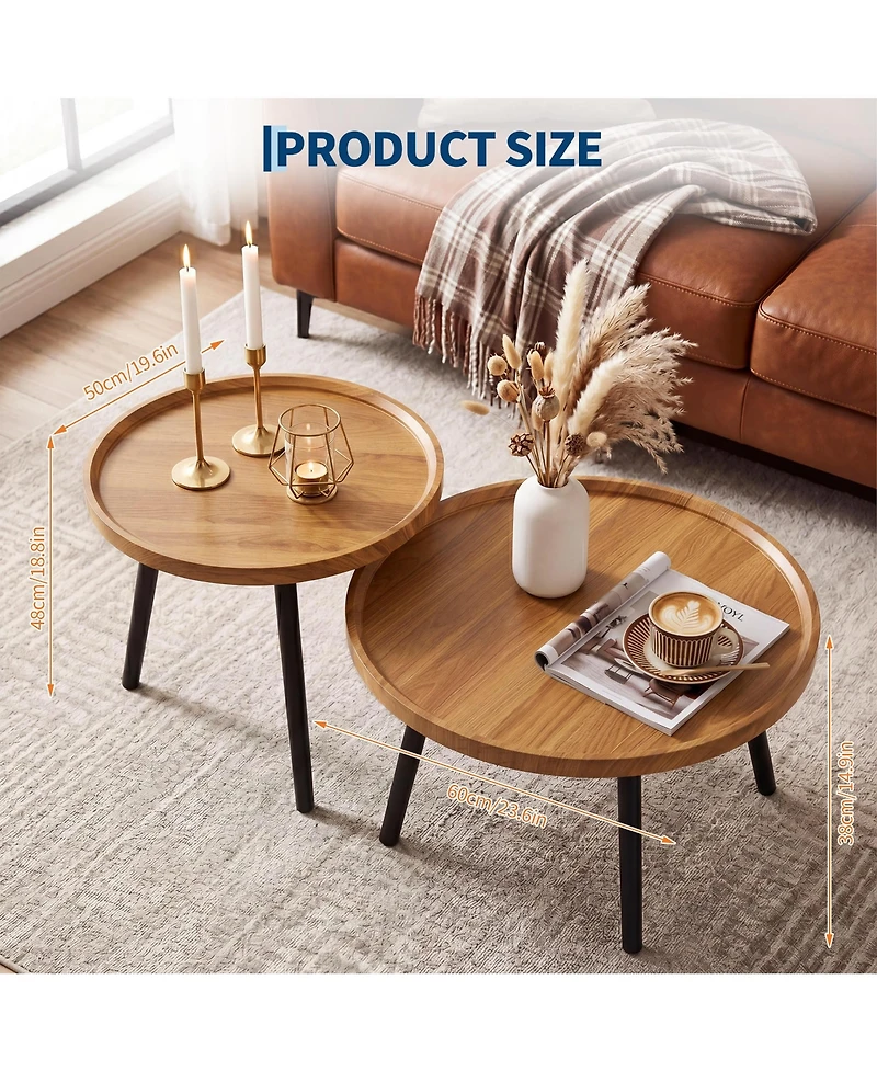 homfan Round Nesting Coffee Table Set of 2, Wood-Grain and Metal Accent Table, Warm Wood Finish