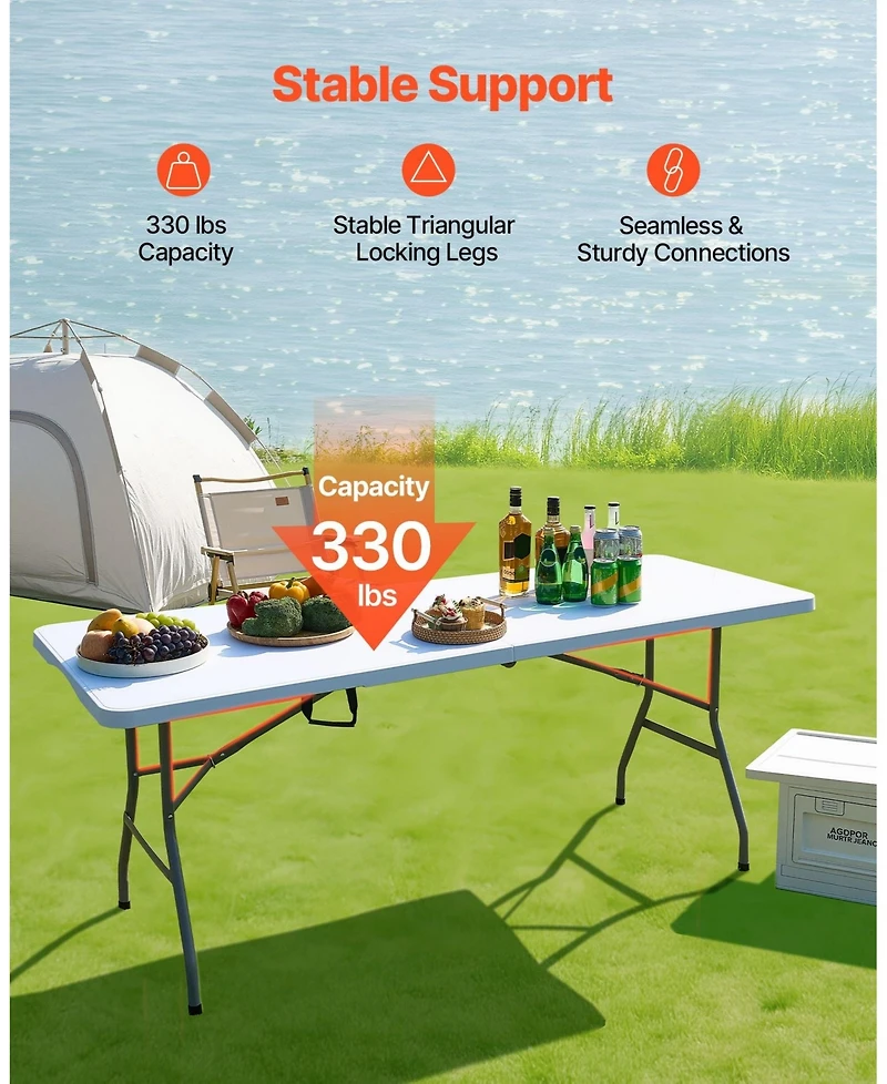 Sevorley 6 feet Fold-in-Half Utility Table with Carry Handle, Heavy Duty Plastic Folding Table, 330 lb Capacity