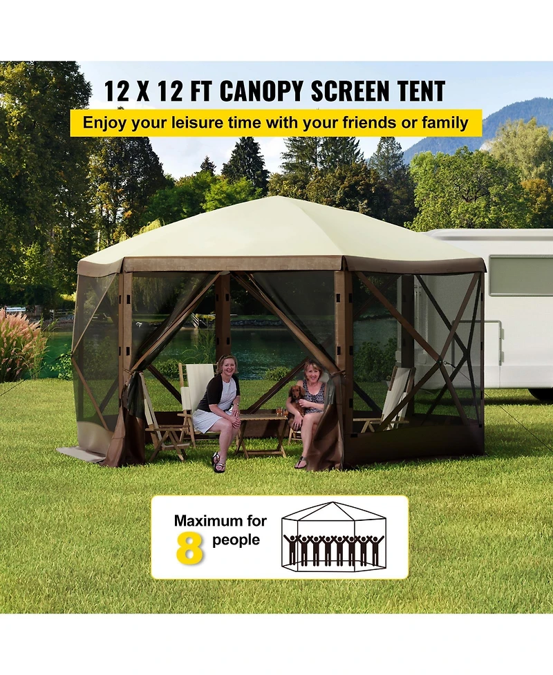 Sevorley Pop Up Gazebo Screen Tent, 12 x 12 feet 6-Sided Canopy with Mesh Windows
