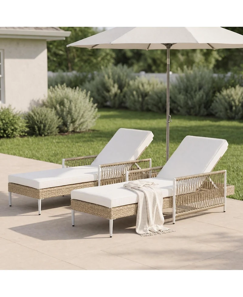 Asagikoiai Set of 2 Outdoor Pe Rattan Chaise Lounge, 6-Position Adjustable Patio Wicker Recliner