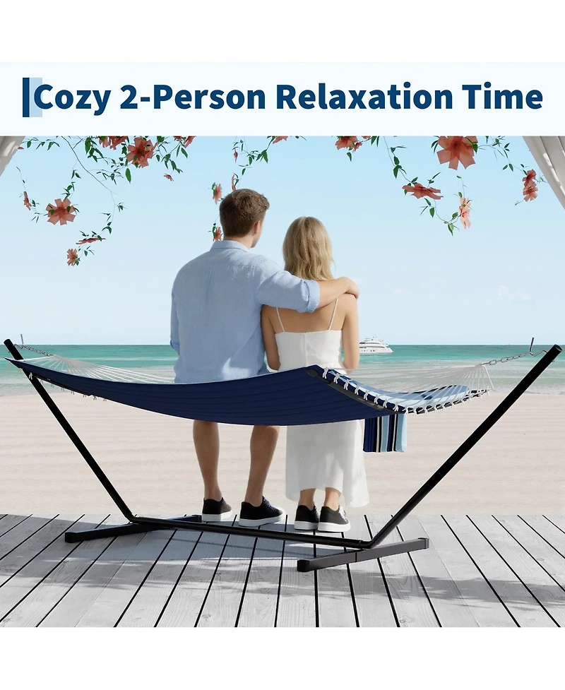 homfan 2 Person Cotton Rope Hammock Stripes, Polyester Pad, No Stand, 2-in-1 for Patio, Backyard, Garden or Beach