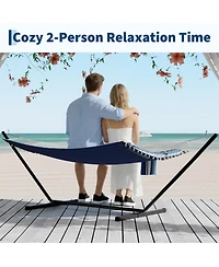 homfan 2 Person Cotton Rope Hammock Stripes, Polyester Pad, No Stand, 2-in-1 for Patio, Backyard, Garden or Beach