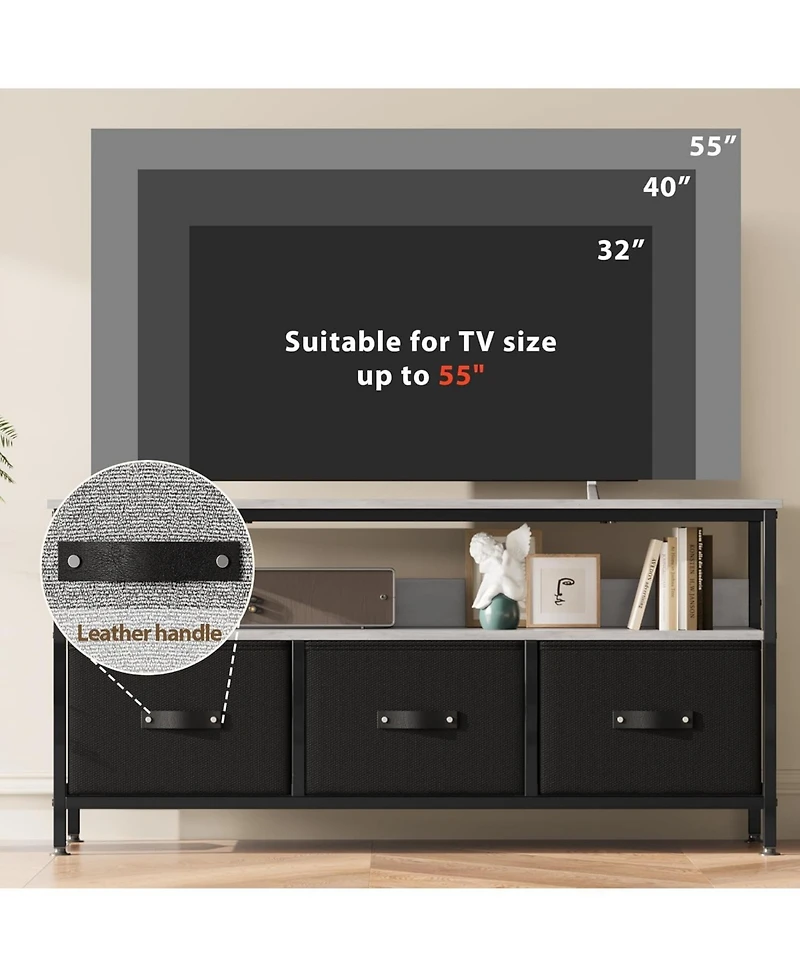 homfan Tv Stand for Bedroom – 3-Drawer Entertainment Center with Open Shelf, Fits 32-55" TVs, Fabric Drawers
