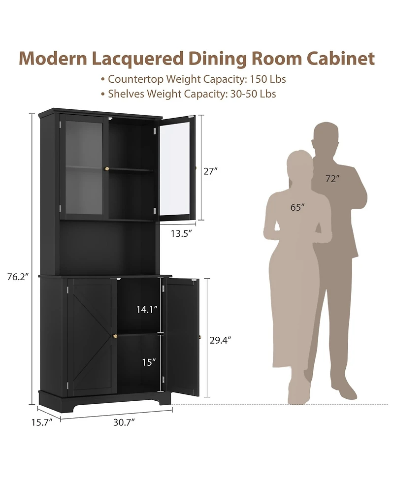 homfan 72"Tall Farmhouse Kitchen Hutch with Glass Doors, 41" Wide Storage Charging Station and Led Lights, Open Counter Shelf, Double Lower Doors