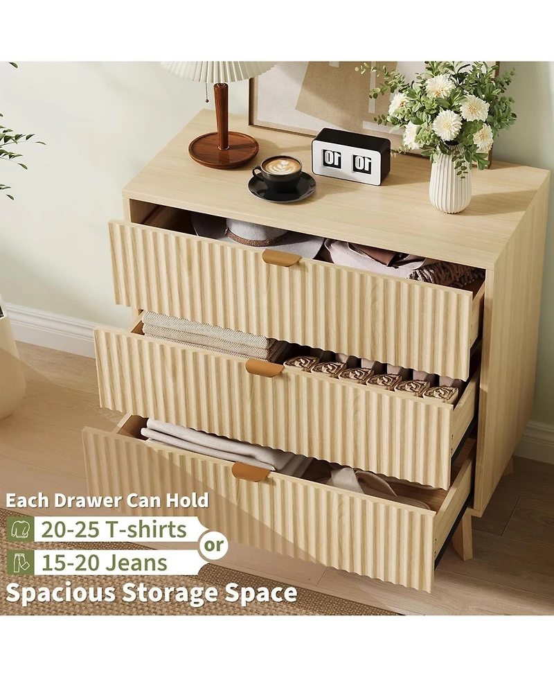 homfan Modern Set of 2 Chests of Drawers, 3 Drawers, Fluted Sides, Mid-Century Style, Made of Wood, Ideal for Living Room, Bedroom or Hallway