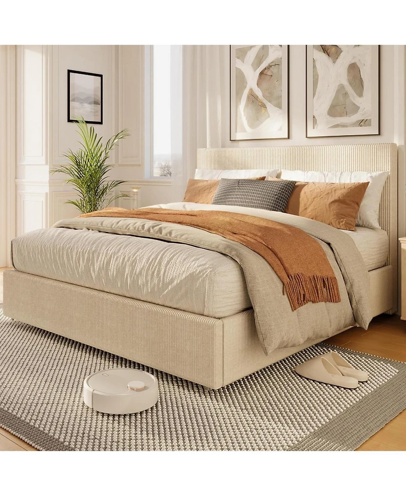 homfan Platform Bed Frame with 4 Storage Drawers, Corduroy Channel Tufted Headboard Bed Frame with Strong Wooden Slat Support, No Box Spring Needed
