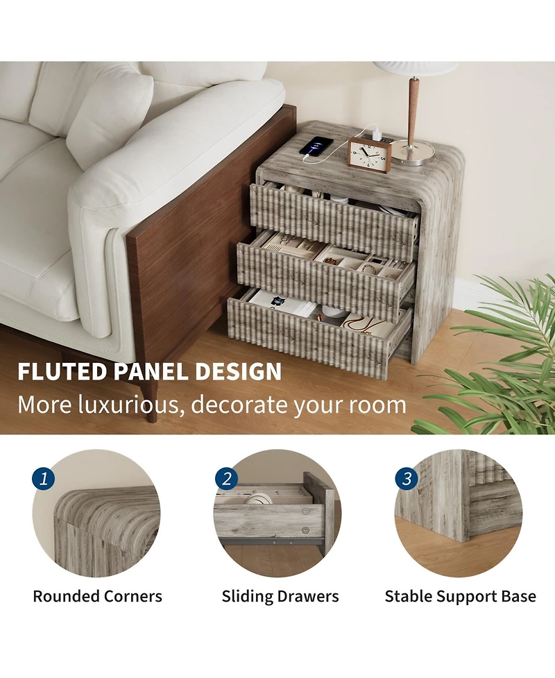 homfan Set of 2 Fluted Nightstands with Charging Station and 3 Drawers