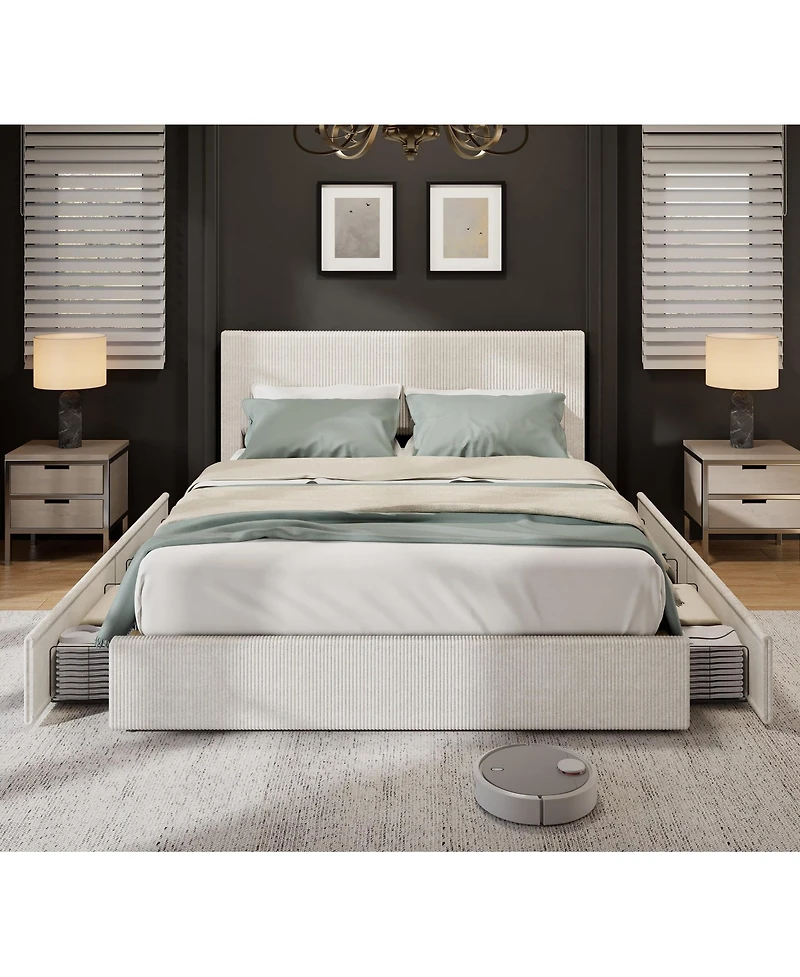 homfan Platform Bed Frame with 4 Storage Drawers, Corduroy Channel Tufted Headboard Bed Frame with Strong Wooden Slat Support, No Box Spring Needed