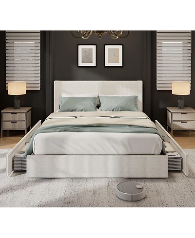 homfan Platform Bed Frame with 4 Storage Drawers, Corduroy Channel Tufted Headboard Bed Frame with Strong Wooden Slat Support, No Box Spring Needed