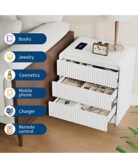 homfan 23.6-Inch White Fluted Nightstand with Charging Station and 3 Drawers