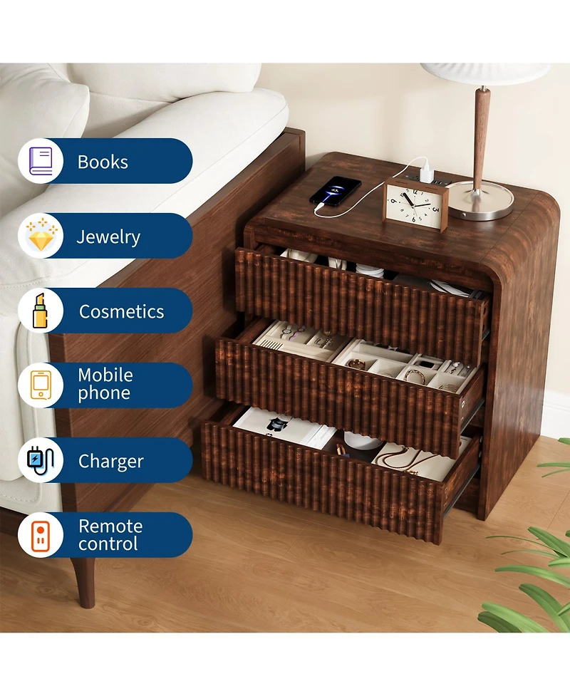homfan 23.6-Inch Walnut Fluted Nightstand with Charging Station and 3 Drawers