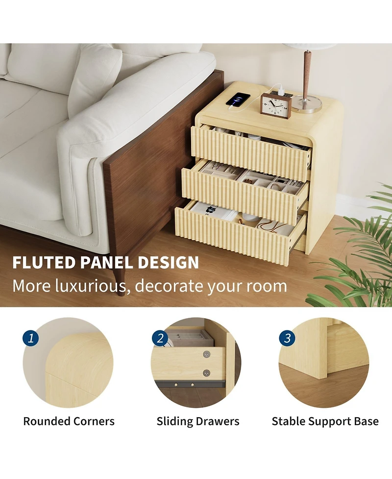 homfan Set of 2 Fluted Nightstands with Charging Station and 3 Drawers, Warm Wood Finish