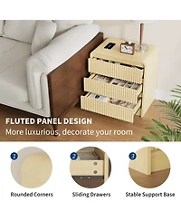homfan Set of 2 Fluted Nightstands with Charging Station and 3 Drawers, Warm Wood Finish