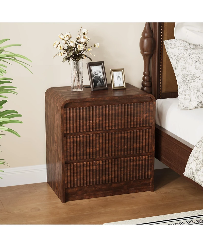 homfan Set of 2 Brown Fluted Nightstands with Charging Station and 3 Drawers