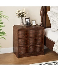homfan Set of 2 Brown Fluted Nightstands with Charging Station and 3 Drawers