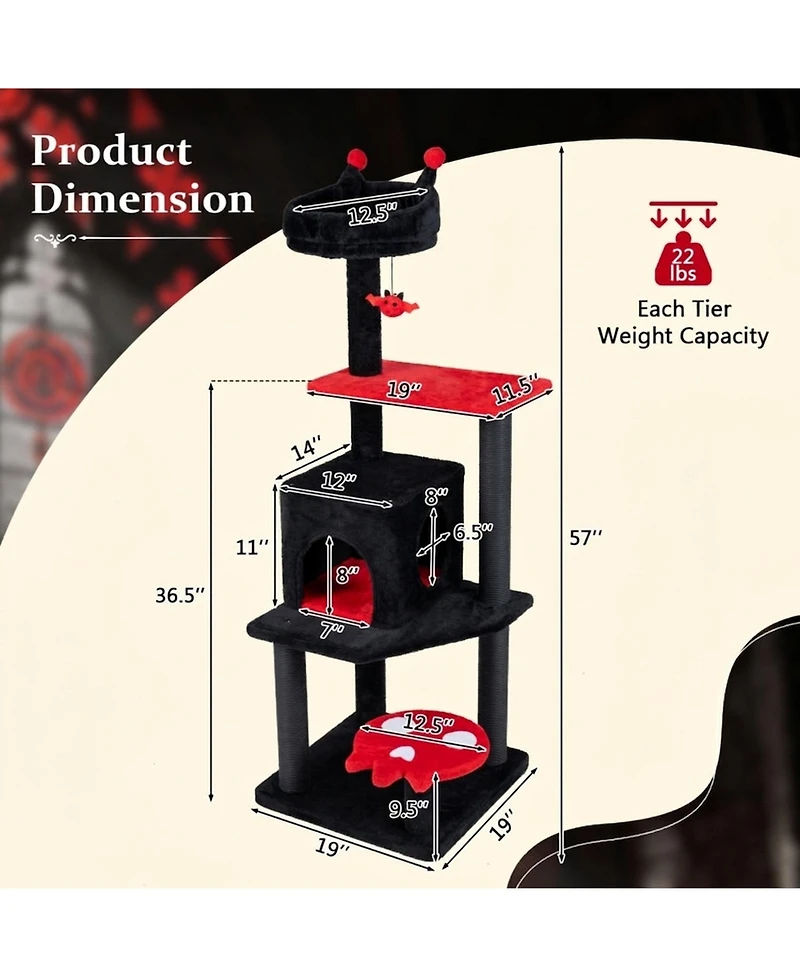 Hongge 57 Inch Spooky Cat Tower with Spider Toy Ghost Platform and Scratching Posts