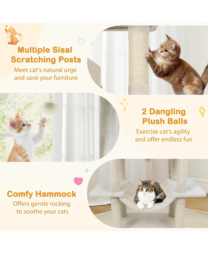Hongge 70 Inch Large Cat Tree with Dual Condos Hammock and Sisal Scratching Posts