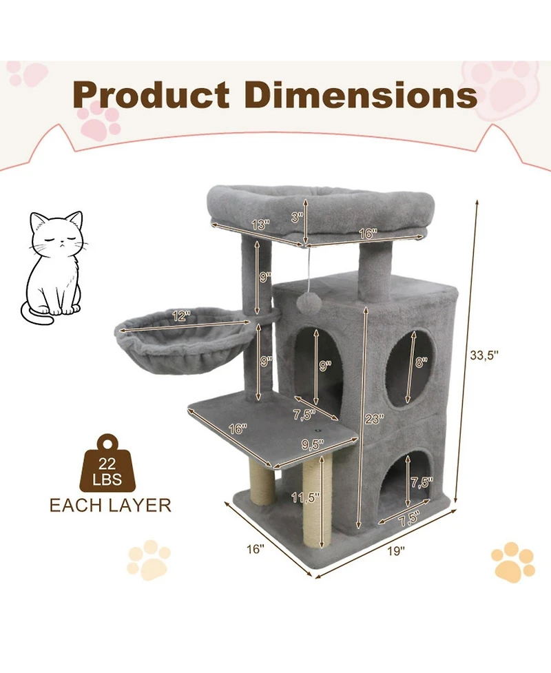 Hongge 33 Inch Kitten Tower with 2-Tier Condo Padded Perch and Sisal Scratching Posts