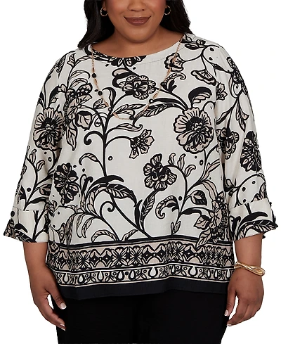 Alfred Dunner Plus Travel Advisory Scroll Border Top with Necklace