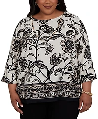 Alfred Dunner Plus Travel Advisory Scroll Border Top with Necklace
