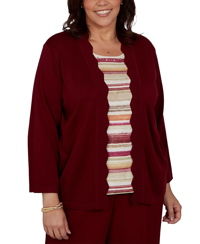 Alfred Dunner Plus Union Square Scalloped Cardi Two One Striped Sweater