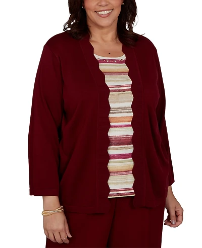Alfred Dunner Plus Union Square Scalloped Cardi Two One Striped Sweater