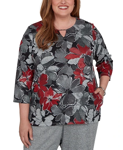 Alfred Dunner Plus Classic Textured Floral Split Neck Pocket Top