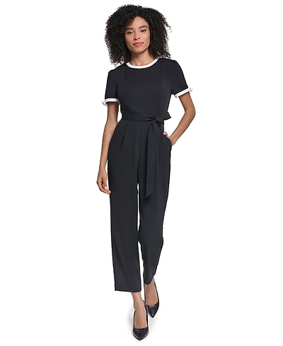 Karl Lagerfeld Paris Women's Scuba Crepe Jumpsuit Self Tie And Contrast Collar Sleeve Trim