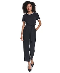 Karl Lagerfeld Paris Women's Scuba Crepe Jumpsuit Self Tie And Contrast Collar Sleeve Trim