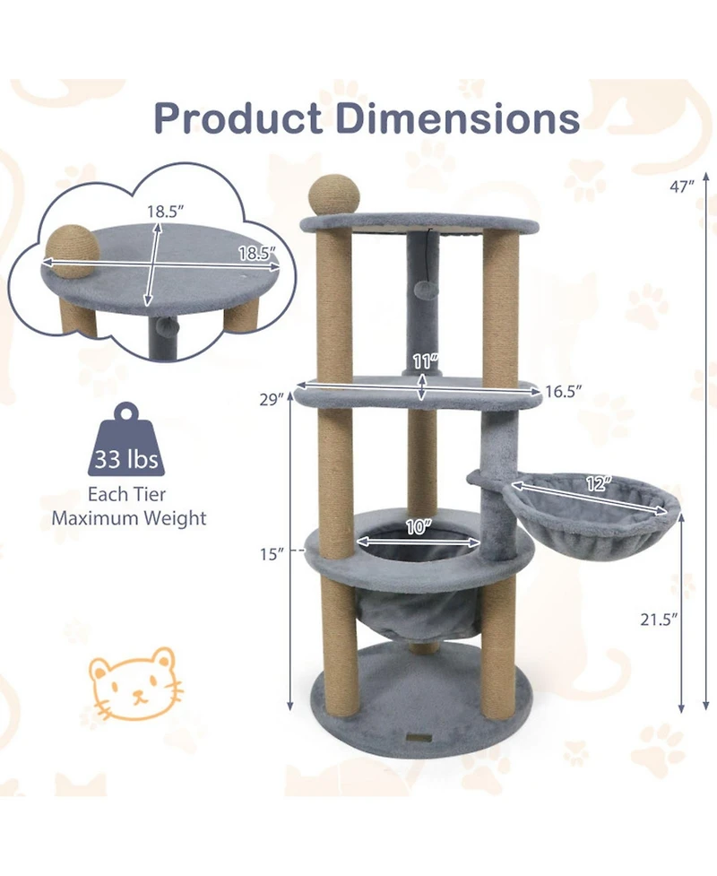Hongge 47 Inch Cat Tower with Cozy Cat Nest Top Perch and Jute Scratching Posts