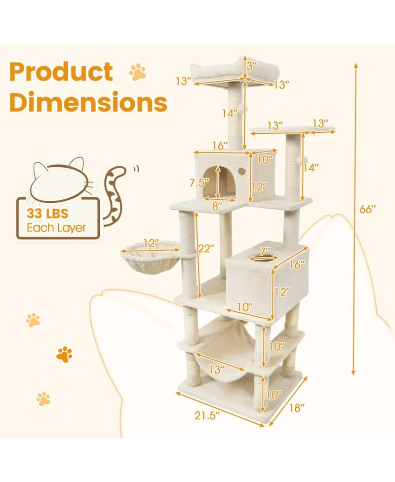 Hongge 66 Inch Cat Tree with 2 Condos Hammock Basket and Sisal Scratching Posts