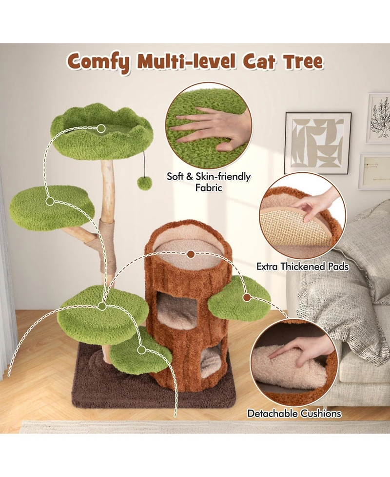Hongge 55 Inch Multi-Level Cat Tree with Double-Decker Cat House Wide Perch and Sisal Panel