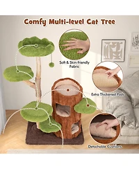 Hongge 55 Inch Multi-Level Cat Tree with Double-Decker Cat House Wide Perch and Sisal Panel