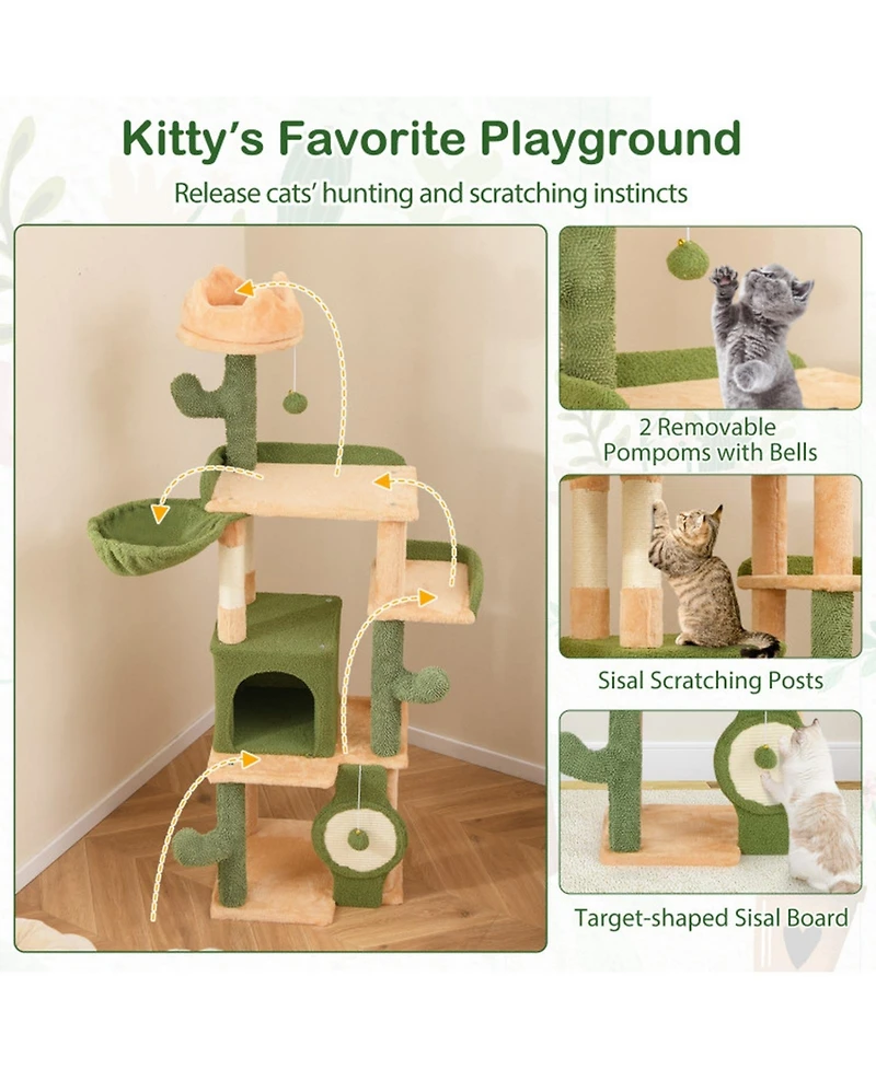 Hongge 63 Inch Cactus Cat Tree with Hideaway Condo Crown Perch and Sisal Scratching Posts