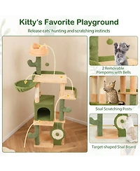 Hongge 63 Inch Cactus Cat Tree with Hideaway Condo Crown Perch and Sisal Scratching Posts