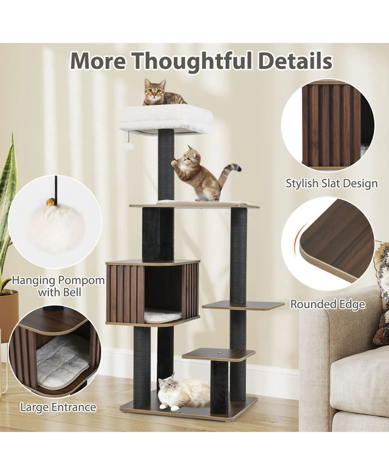 Hongge 59 Inch Multi-Level Cat Tree with Fence-Style Condo Cushioned Top Perch and Sisal Posts