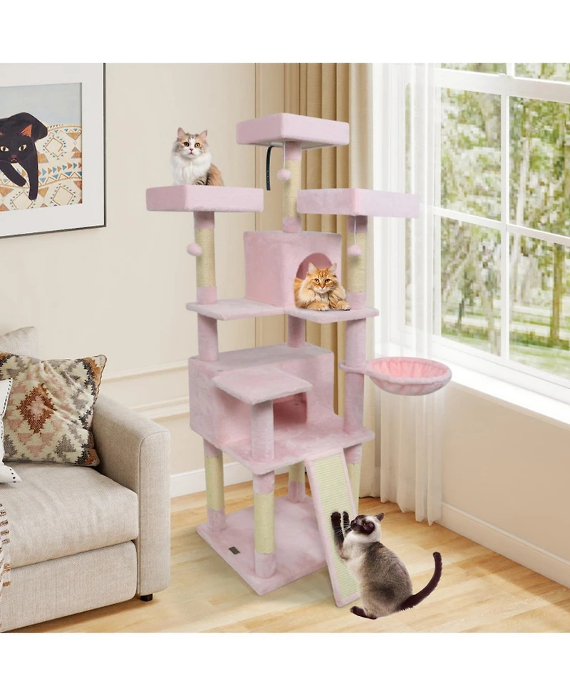 Hongge 65 Inch Cat Tree with 3 Upholstered Perches 2 Condos and Sisal Scratching Posts