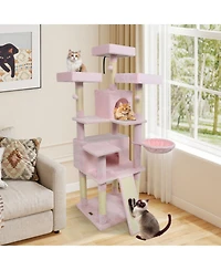 Hongge 65 Inch Cat Tree with 3 Upholstered Perches 2 Condos and Sisal Scratching Posts