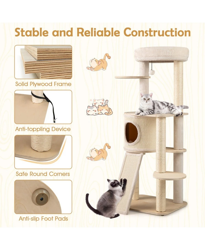 Hongge 56 Inch Cat Tree with Padded Condo Cushioned Perch and Sisal Scratching Posts