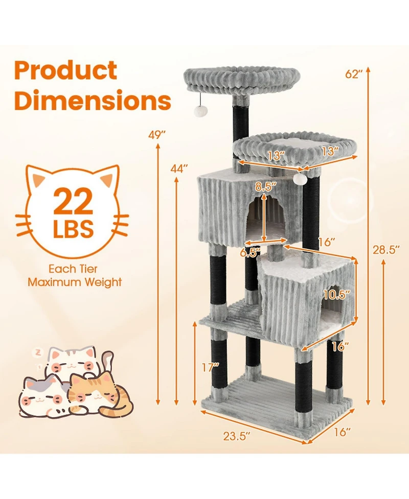 Hongge 62 Inch Cat Tower with Dual Condos Washable Perch Beds and Soft Flannel Covering