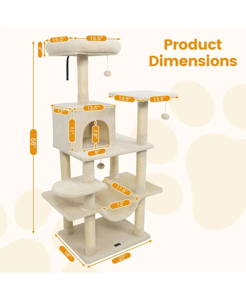 Hongge 58 Inch Multi-Level Cat Tree with Padded Top Perch Condo Hammock and Sisal Posts